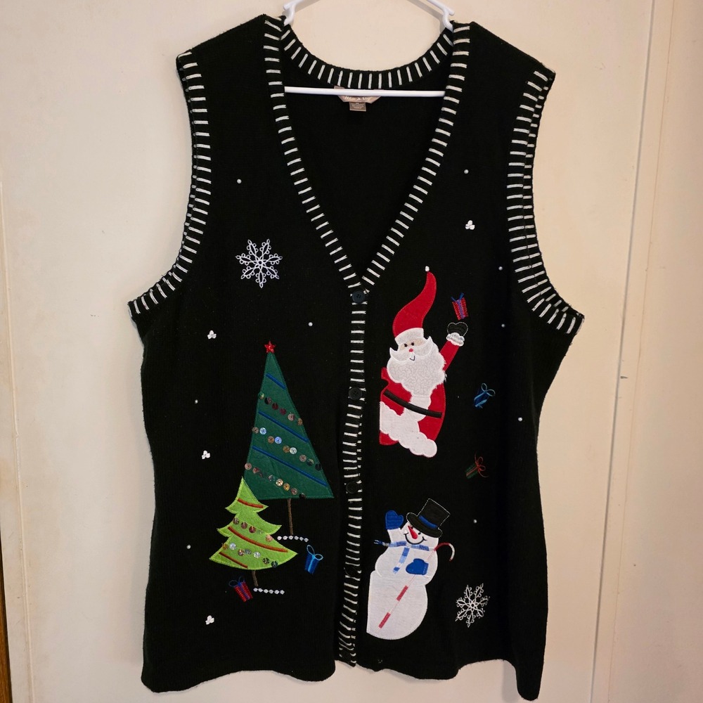 Womens Ugly Chrismtas Sweater Vest Size 3X Black Santa Snowman Holiday